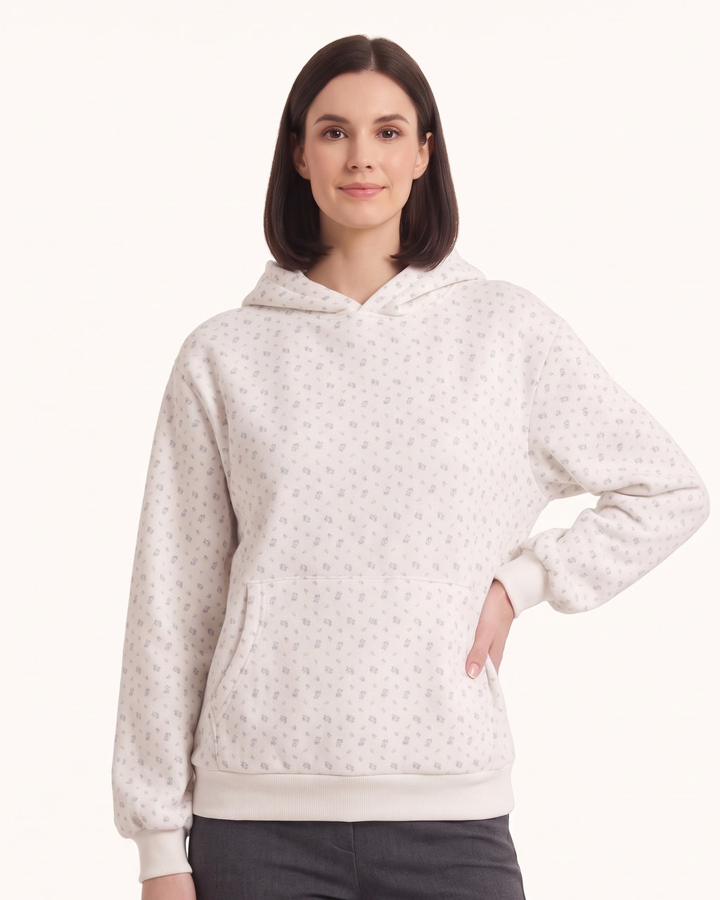 Women’s white ditsy floral oversized pullover hoodie with kangaroo pocket