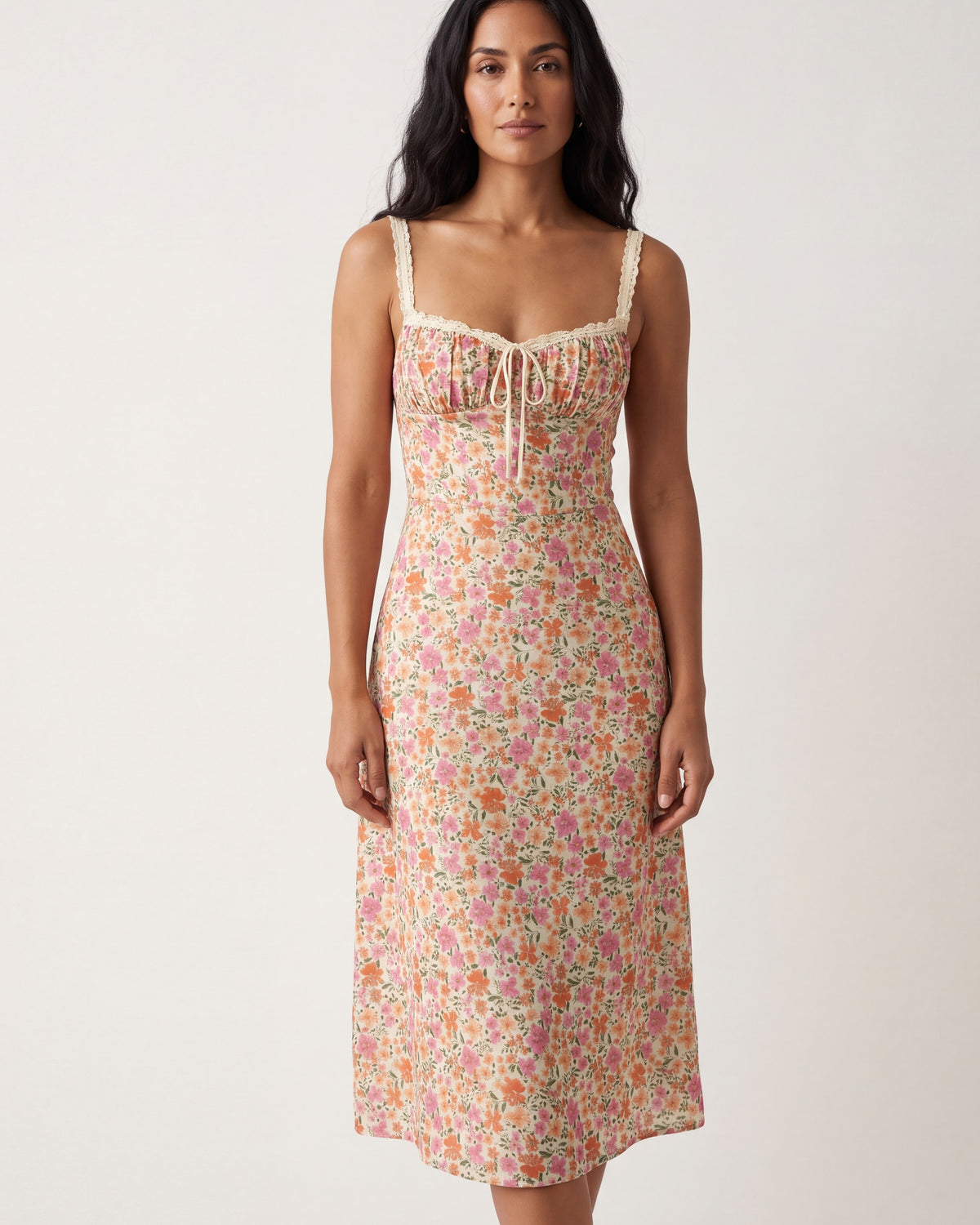 Floral Midi Sundress — Sweetheart Neckline with Lace Straps and Smocked Back in Soft Viscose in Multicolor — studio model photo [ai-studio]