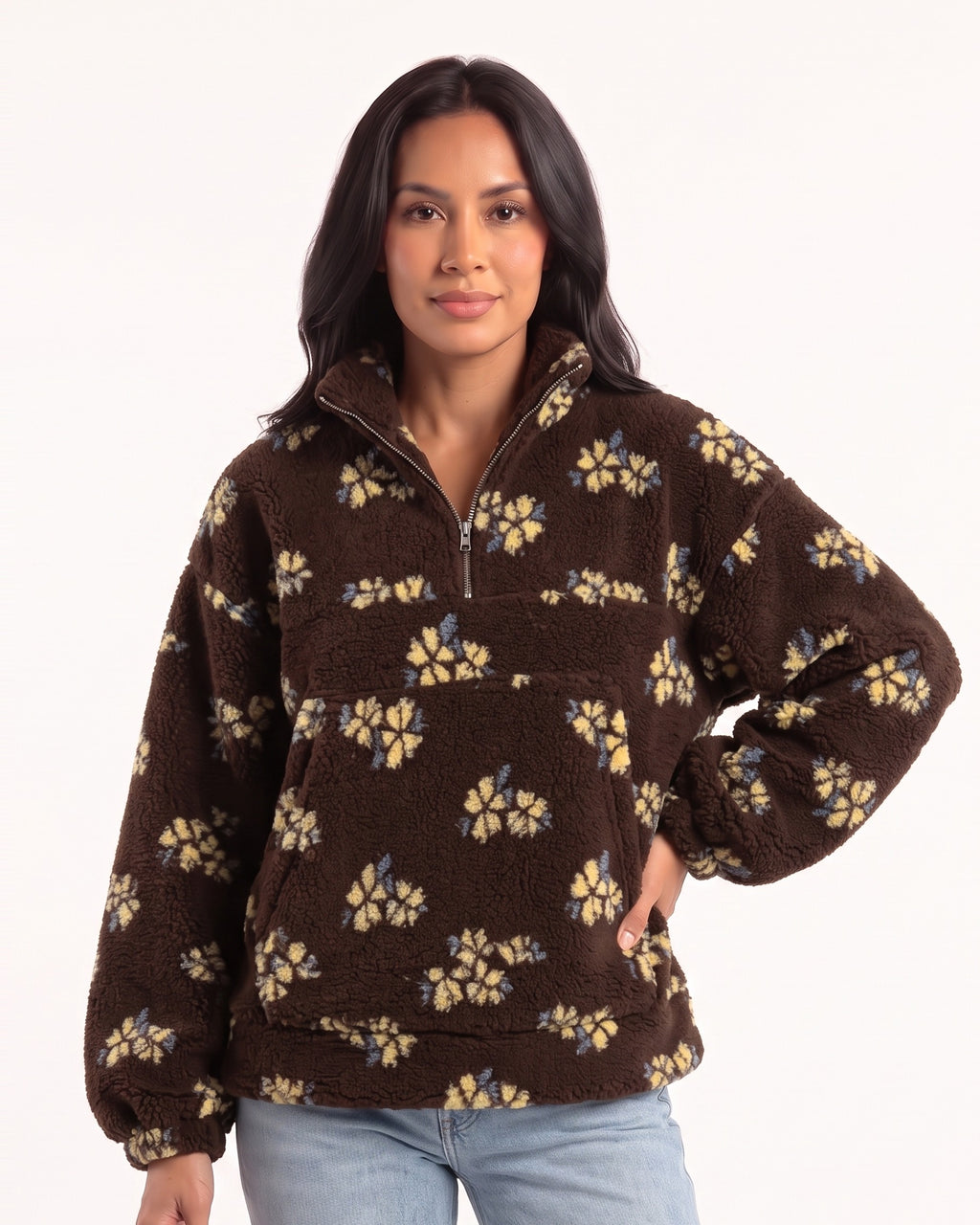 Women’s floral sherpa half-zip pullover, dark brown with light yellow flower print, stand collar, pocket