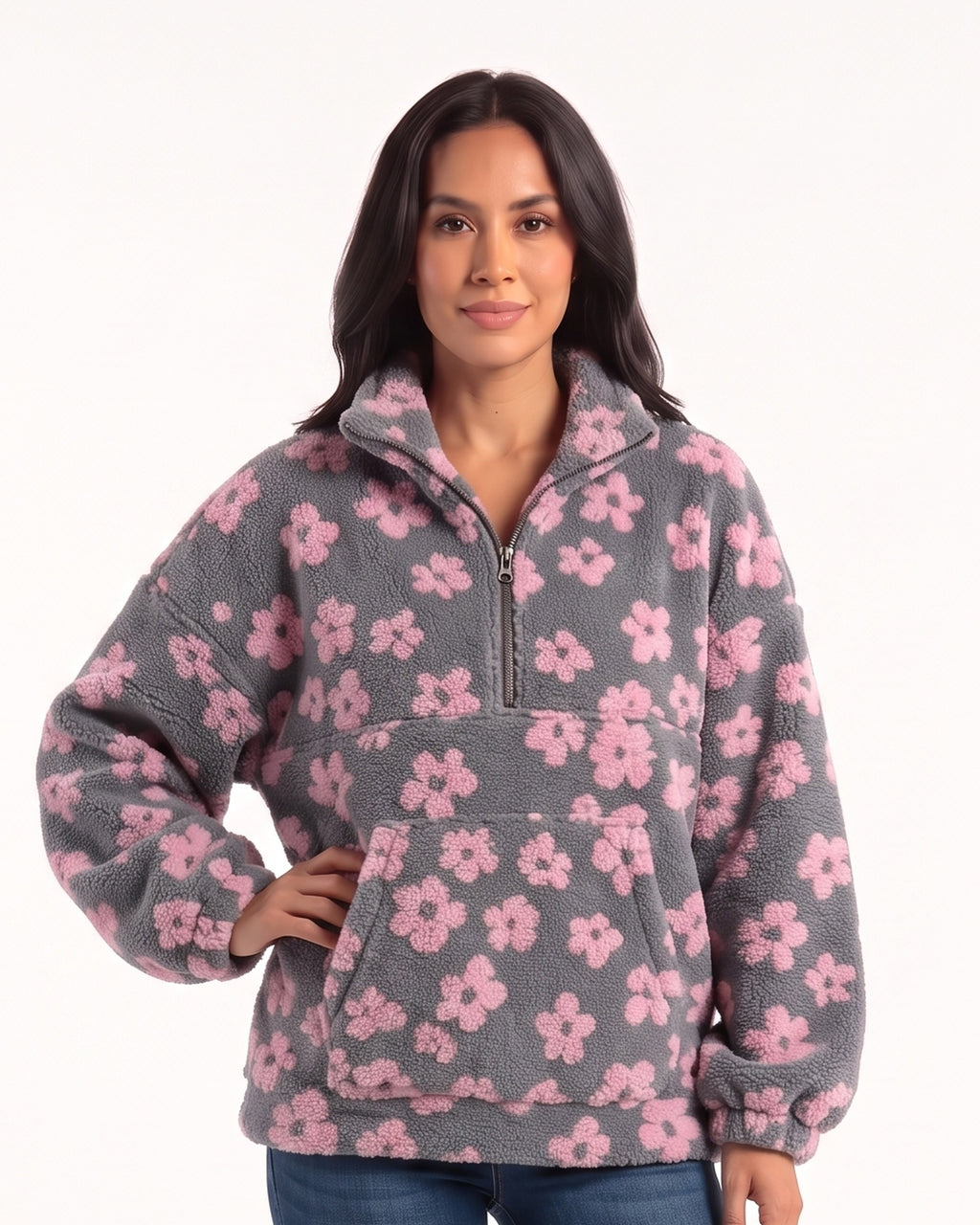Women’s floral sherpa half-zip pullover, dark gray with pink flower print, stand collar, pocket