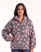 Women’s floral sherpa half-zip pullover, dark gray with pink flower print, stand collar, pocket