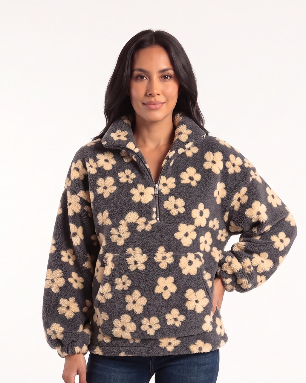 Women’s floral sherpa half-zip pullover, dark navy with light cream flower print, stand collar, pocket