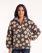 Women’s floral sherpa half-zip pullover, dark navy with light cream flower print, stand collar, pocket