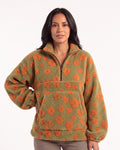Women’s floral sherpa half-zip pullover, olive with orange flower print, stand collar, pocket