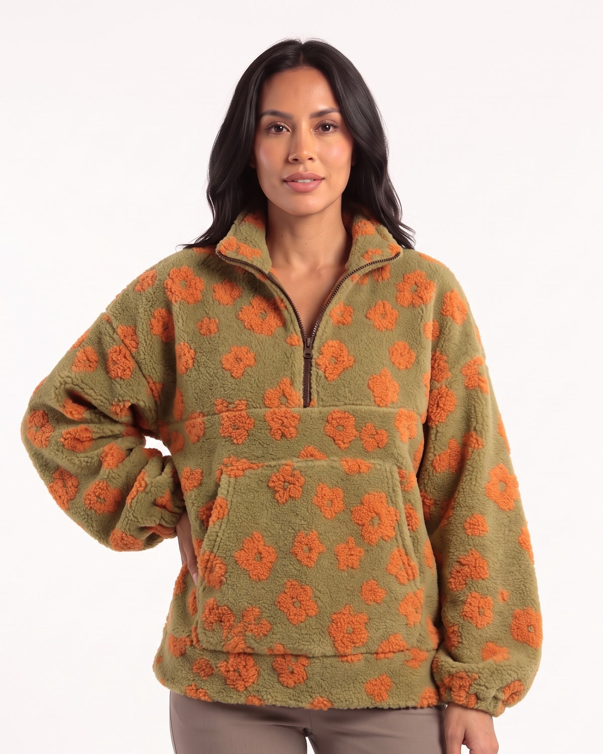 Women’s floral sherpa half-zip pullover, olive with orange flower print, stand collar, pocket