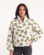 Women’s floral sherpa half-zip pullover, white with olive green flower print, stand collar, pocket