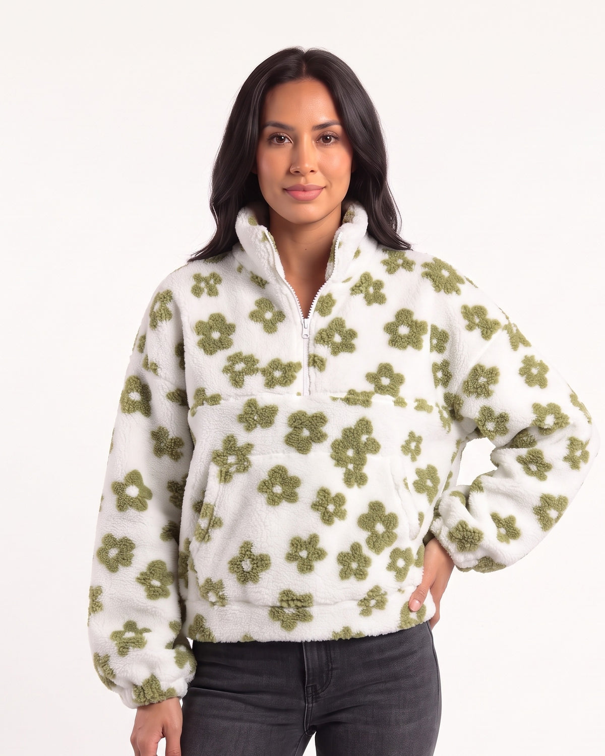 Women’s floral sherpa half-zip pullover, white with olive green flower print, stand collar, pocket