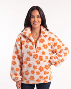 Women’s floral sherpa half-zip pullover, white with orange flower print, stand collar, pocket