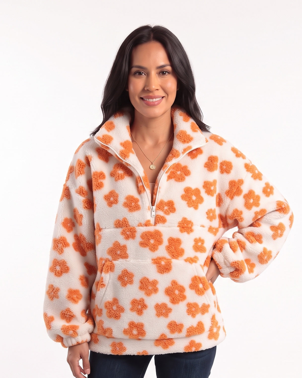Women’s floral sherpa half-zip pullover, white with orange flower print, stand collar, pocket