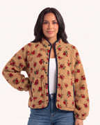 Women’s cropped floral sherpa jacket, navy trim, stand collar, snap front