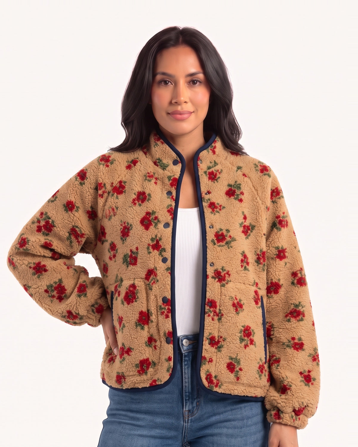 Women’s cropped floral sherpa jacket, navy trim, stand collar, snap front