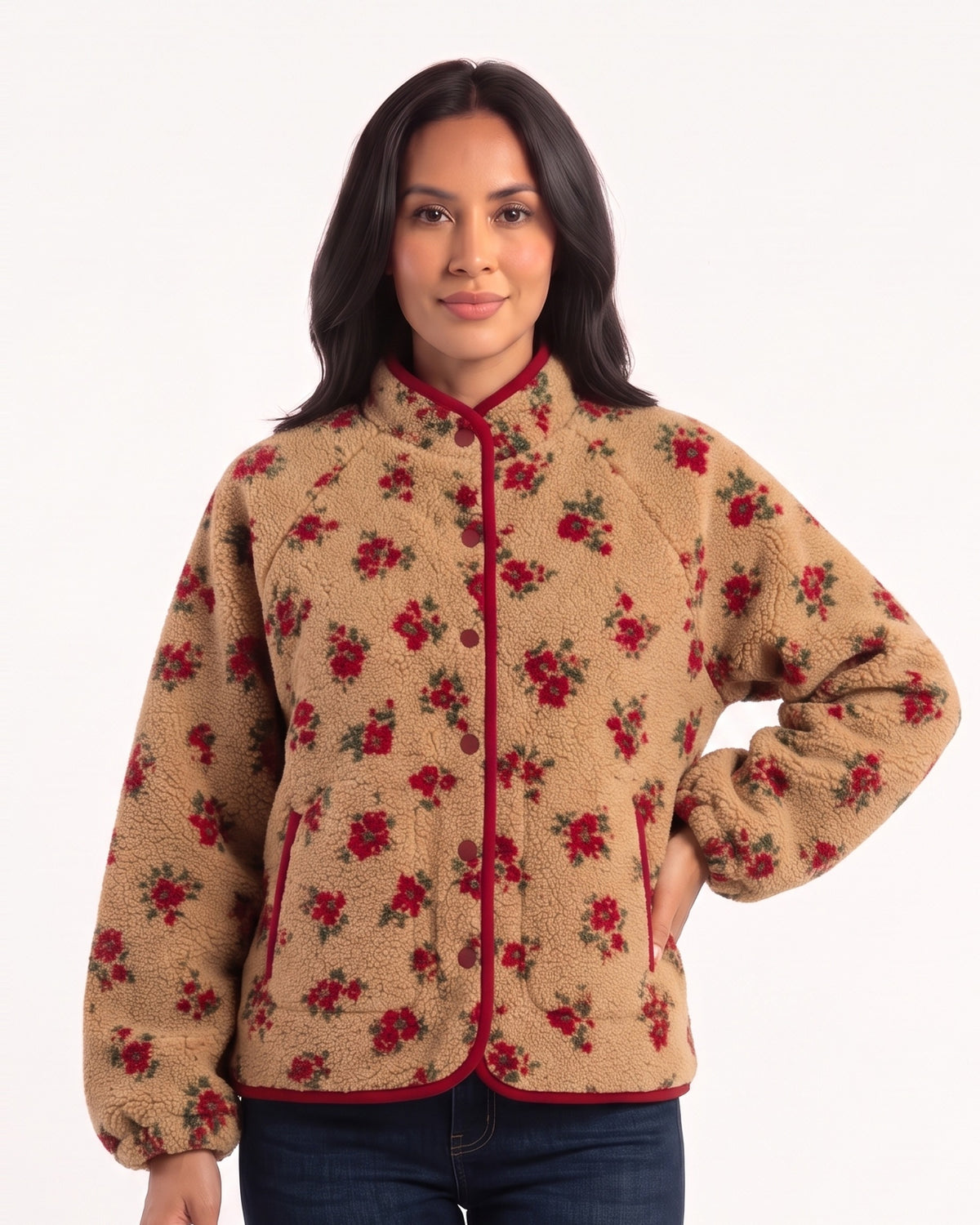 Women’s cropped floral sherpa jacket, red trim, stand collar, snap front