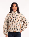 Women’s sherpa jacket with floral print, stand collar, snap front