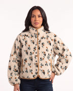 Women’s sherpa jacket with floral print, stand collar, snap front