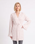 Women’s floral short wrap robe in white with tie belt, V-neck and ruffle bell sleeves