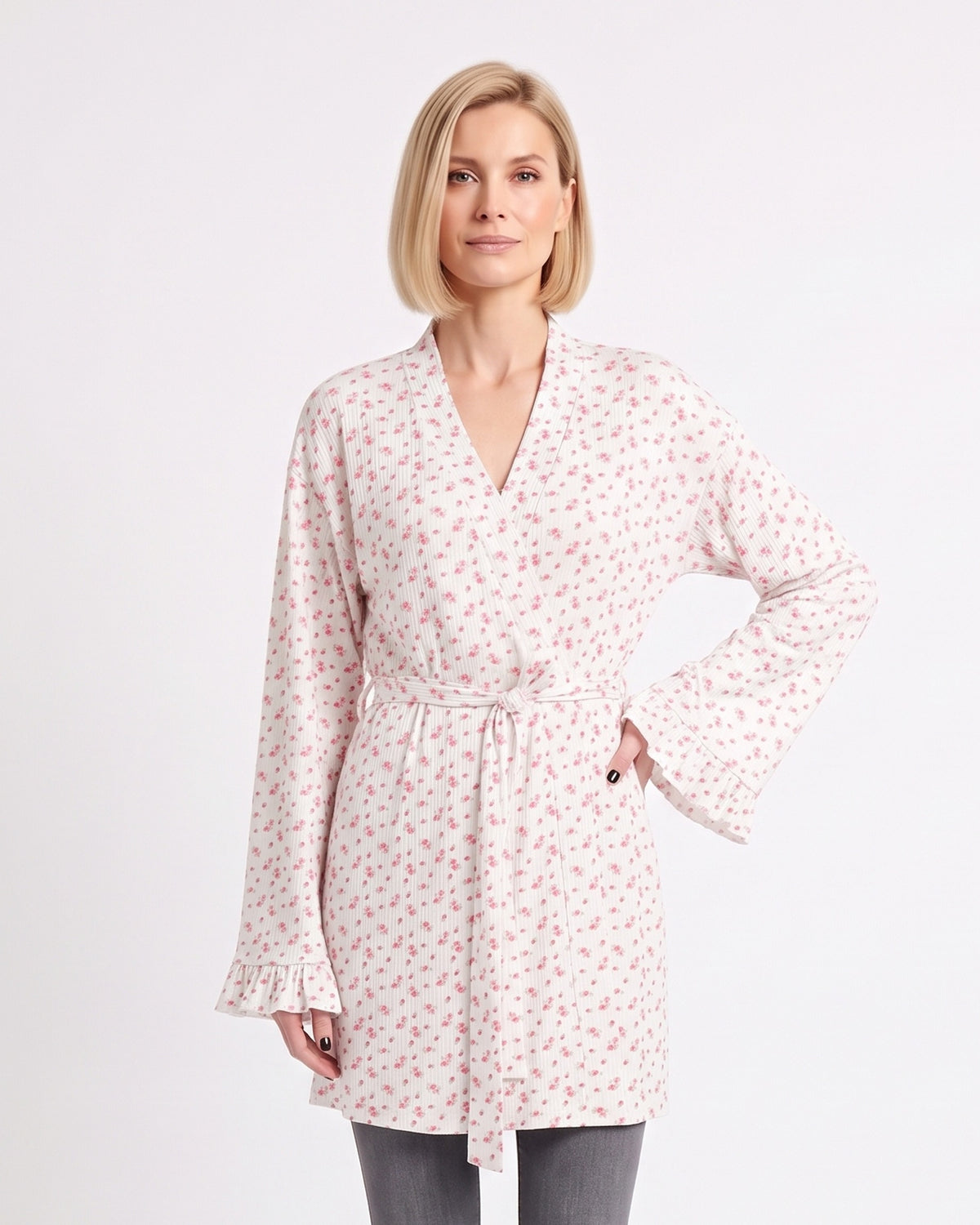 Women’s floral short wrap robe in white with tie belt, V-neck and ruffle bell sleeves
