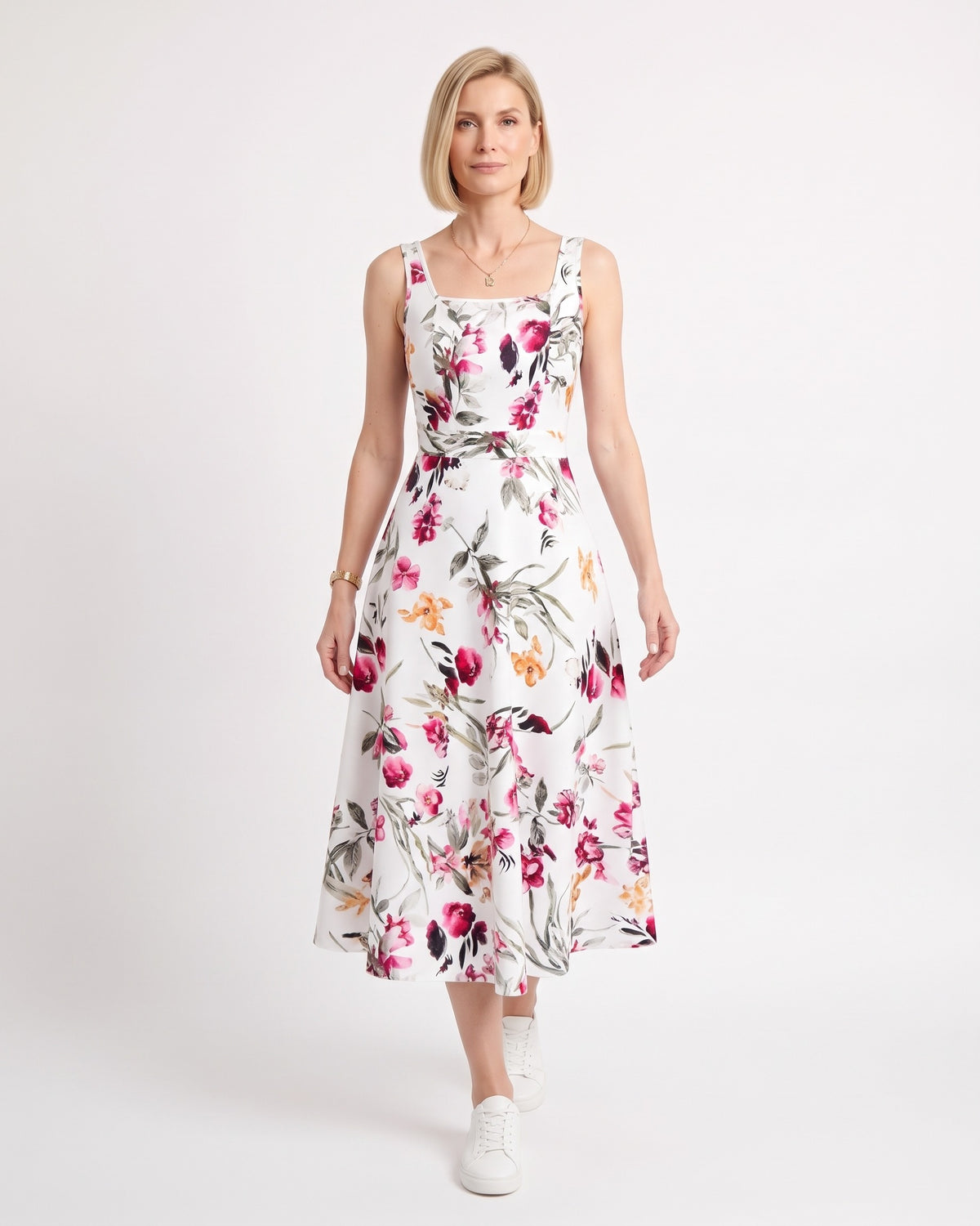 White floral midi dress with pink flowers, square neckline, wide straps and an A-line skirt