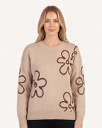 Beige crewneck sweater with embroidered daisy flowers