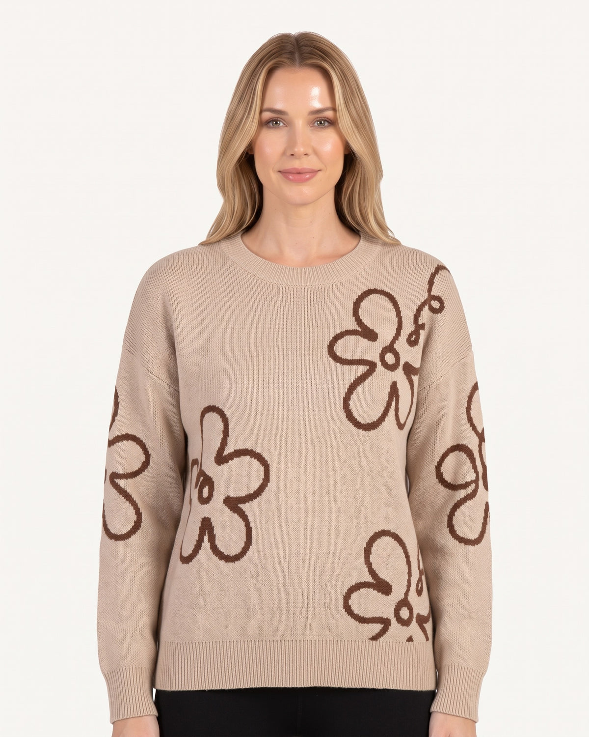 Beige crewneck sweater with embroidered daisy flowers