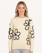 Women’s cream crew-neck sweater with black embroidered daisy flowers