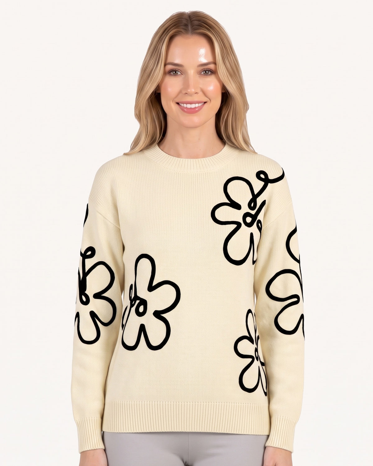 Women’s cream crew-neck sweater with black embroidered daisy flowers