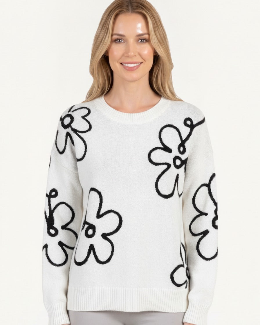 White crew neck sweater with black daisy embroidery, long sleeve pullover