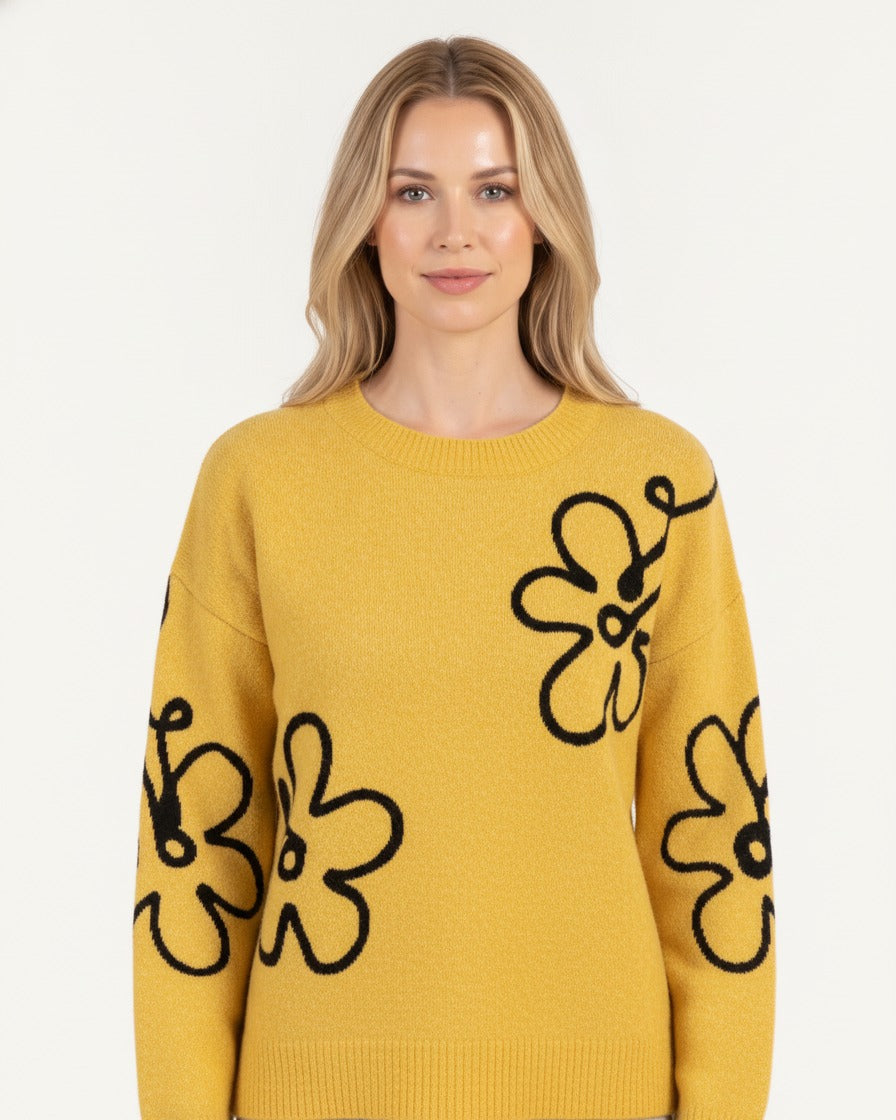 Yellow crew neck sweater with black daisy embroidery, long sleeve pullover
