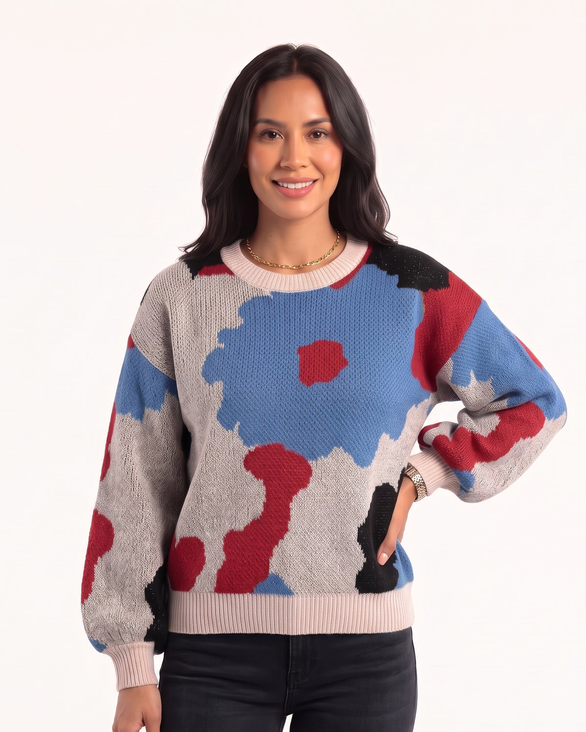 Women's floral jacquard crewneck sweater with balloon sleeves, light blue with red and gray blooms.