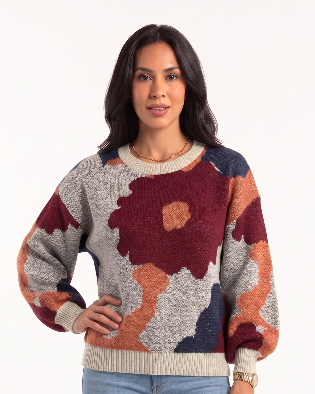 Women's floral jacquard crewneck sweater with balloon sleeves, heather gray with burgundy and tan blooms.