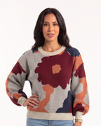Women's floral jacquard crewneck sweater with balloon sleeves, heather gray with burgundy and tan blooms.