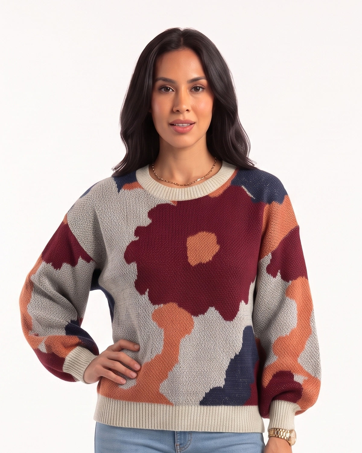 Women's floral jacquard crewneck sweater with balloon sleeves, heather gray with burgundy and tan blooms.