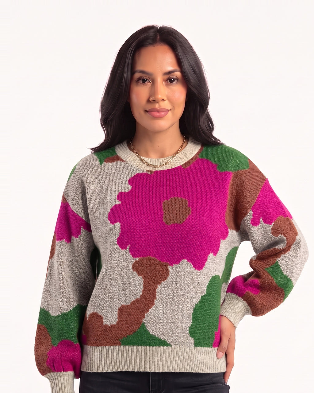 Women's floral jacquard crewneck sweater with balloon sleeves, heather gray with pink/green blooms.