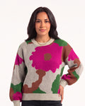 Women's floral jacquard crewneck sweater with balloon sleeves, heather gray with pink/green blooms.