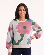 Women's floral jacquard crewneck sweater with balloon sleeves, light gray with pink/blue/green blooms.