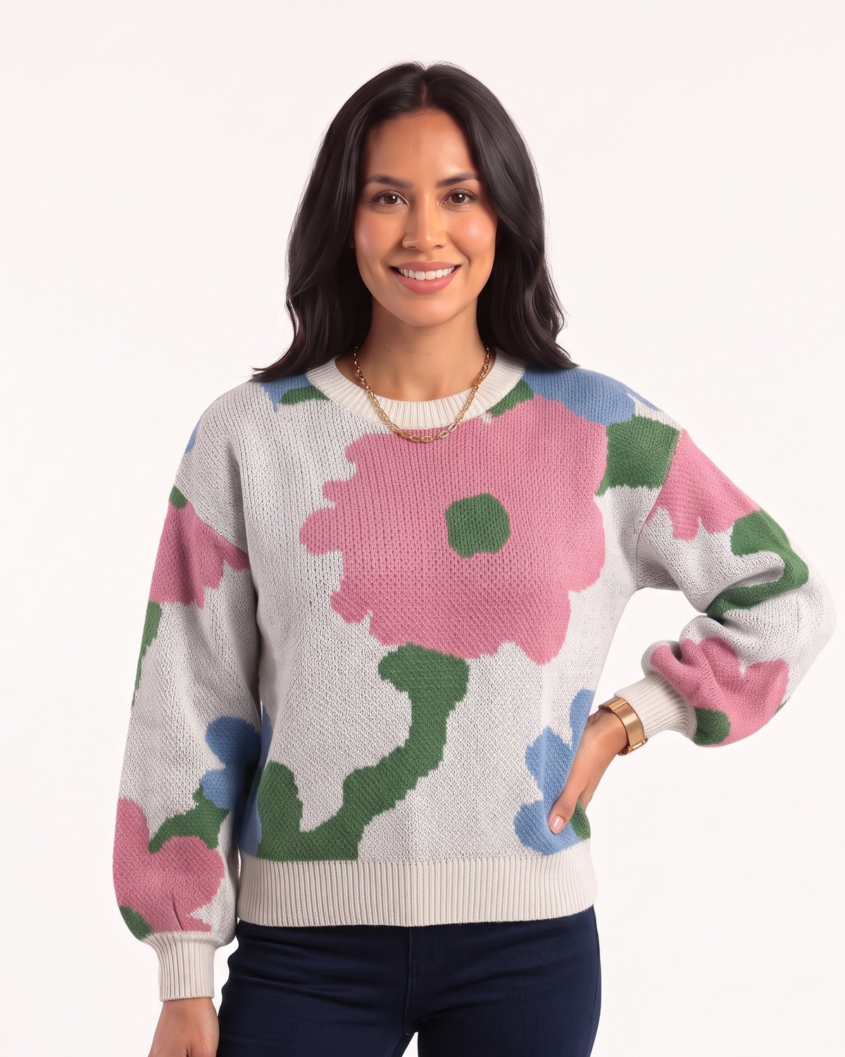 Women's floral jacquard crewneck sweater with balloon sleeves, light gray with pink/blue/green blooms.