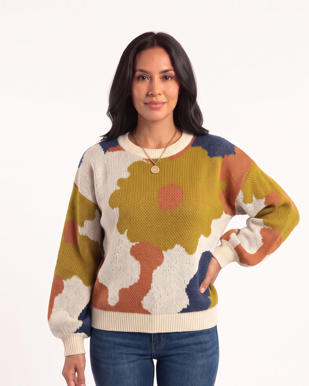 Women's floral jacquard crewneck sweater with balloon sleeves, cream with mustard and navy blooms.