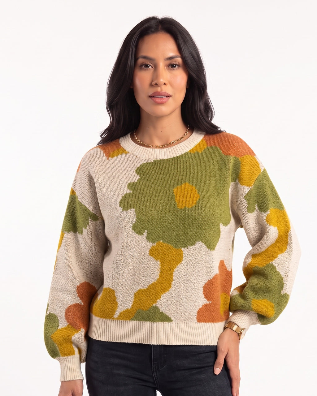 Women's floral jacquard crewneck sweater with balloon sleeves, cream with olive and yellow blooms.