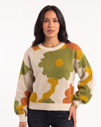 Women's floral jacquard crewneck sweater with balloon sleeves, cream with olive and yellow blooms.