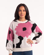 Women's floral jacquard crewneck sweater with balloon sleeves, cream with pink and black flower spots.