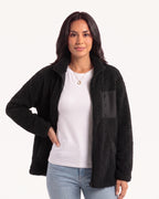 Women's black teddy fleece full-zip jacket with stand collar and chest zip pocket