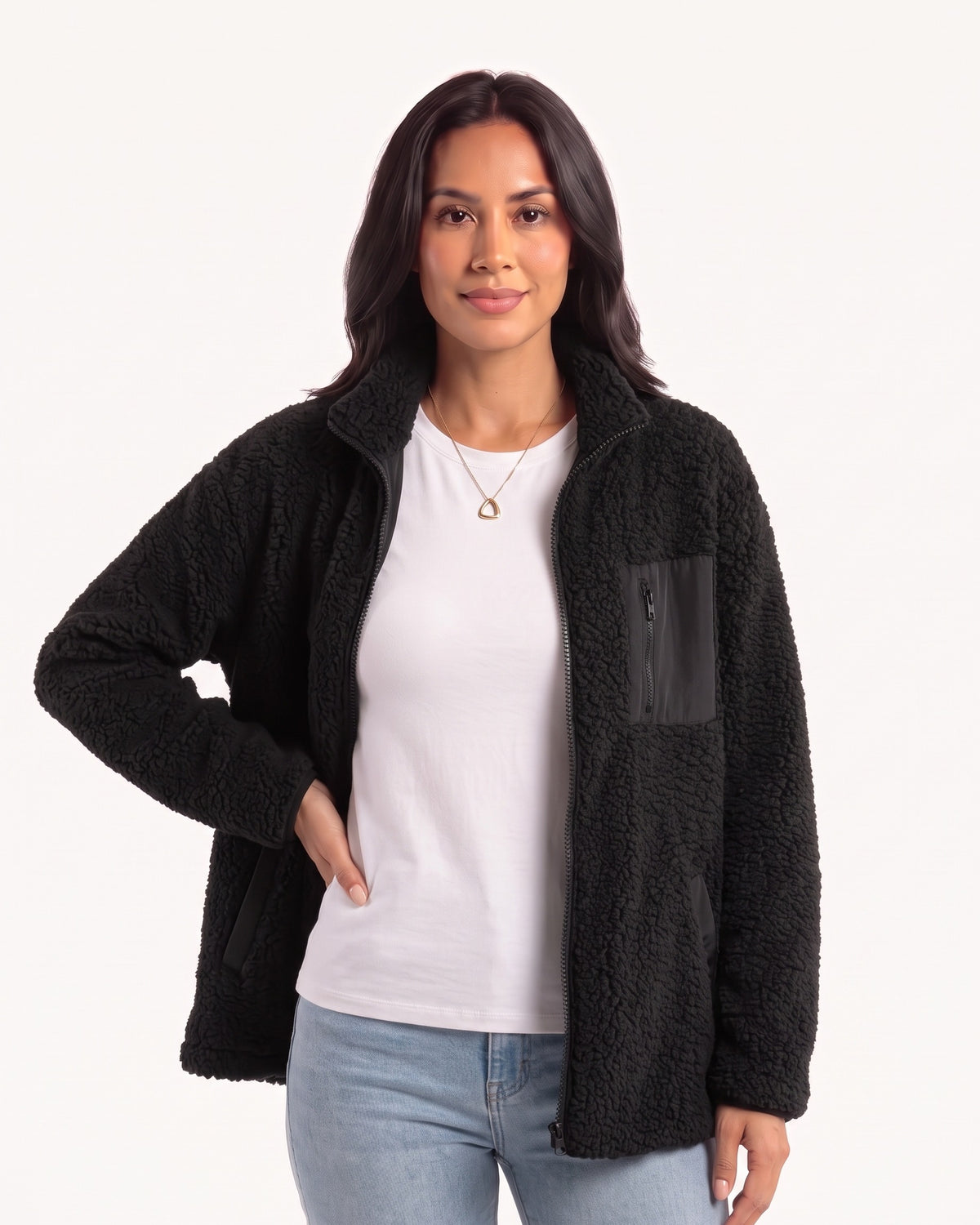Women's black teddy fleece full-zip jacket with stand collar and chest zip pocket