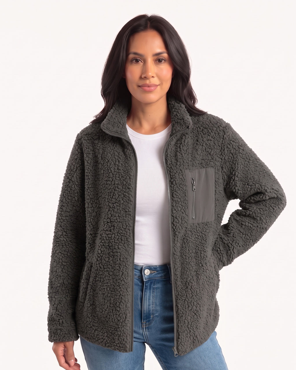 Women's dark gray teddy fleece full-zip jacket with stand collar and chest zip pocket