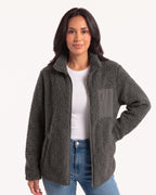 Women's dark gray teddy fleece full-zip jacket with stand collar and chest zip pocket