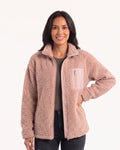 Women's blush teddy fleece full-zip jacket with stand collar and chest zip pocket