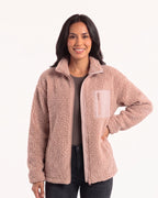 Women's blush teddy fleece full-zip jacket with stand collar and chest zip pocket