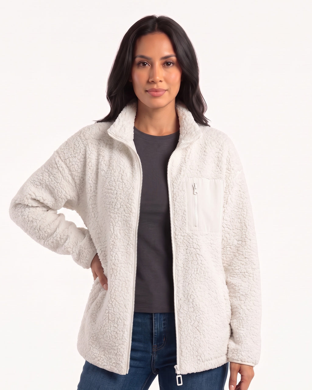 Women's white teddy fleece full-zip jacket with stand collar and chest zip pocket