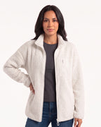 Women's white teddy fleece full-zip jacket with stand collar and chest zip pocket