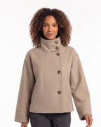 Women's cropped wool funnel-neck jacket in taupe with stand collar and asymmetric button front