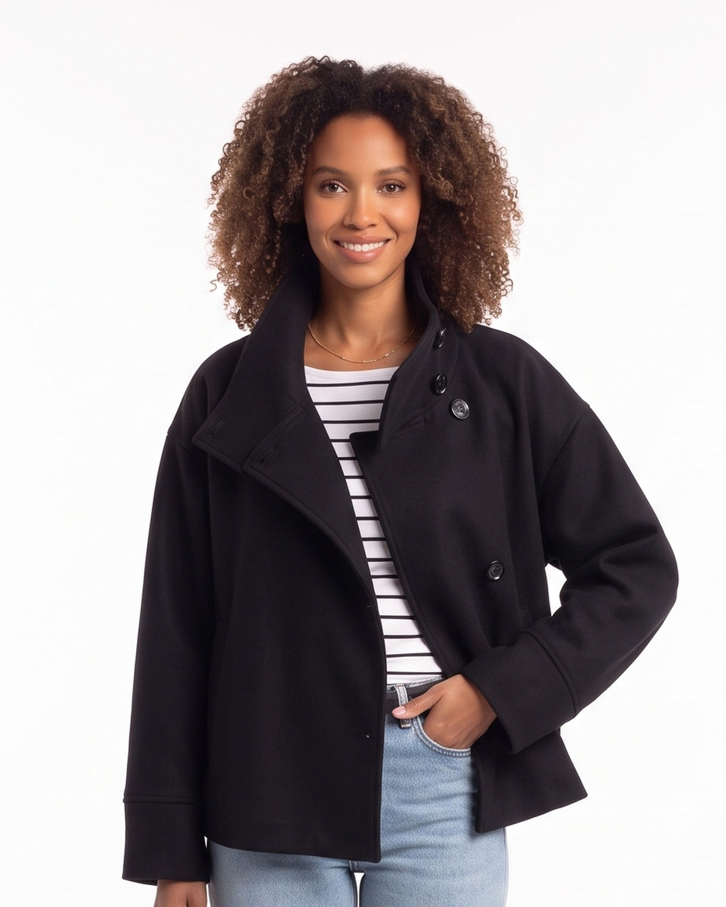 Cropped stand-collar wool jacket in black with button front and stand collar
