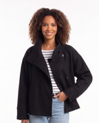 Cropped stand-collar wool jacket in black with button front and stand collar
